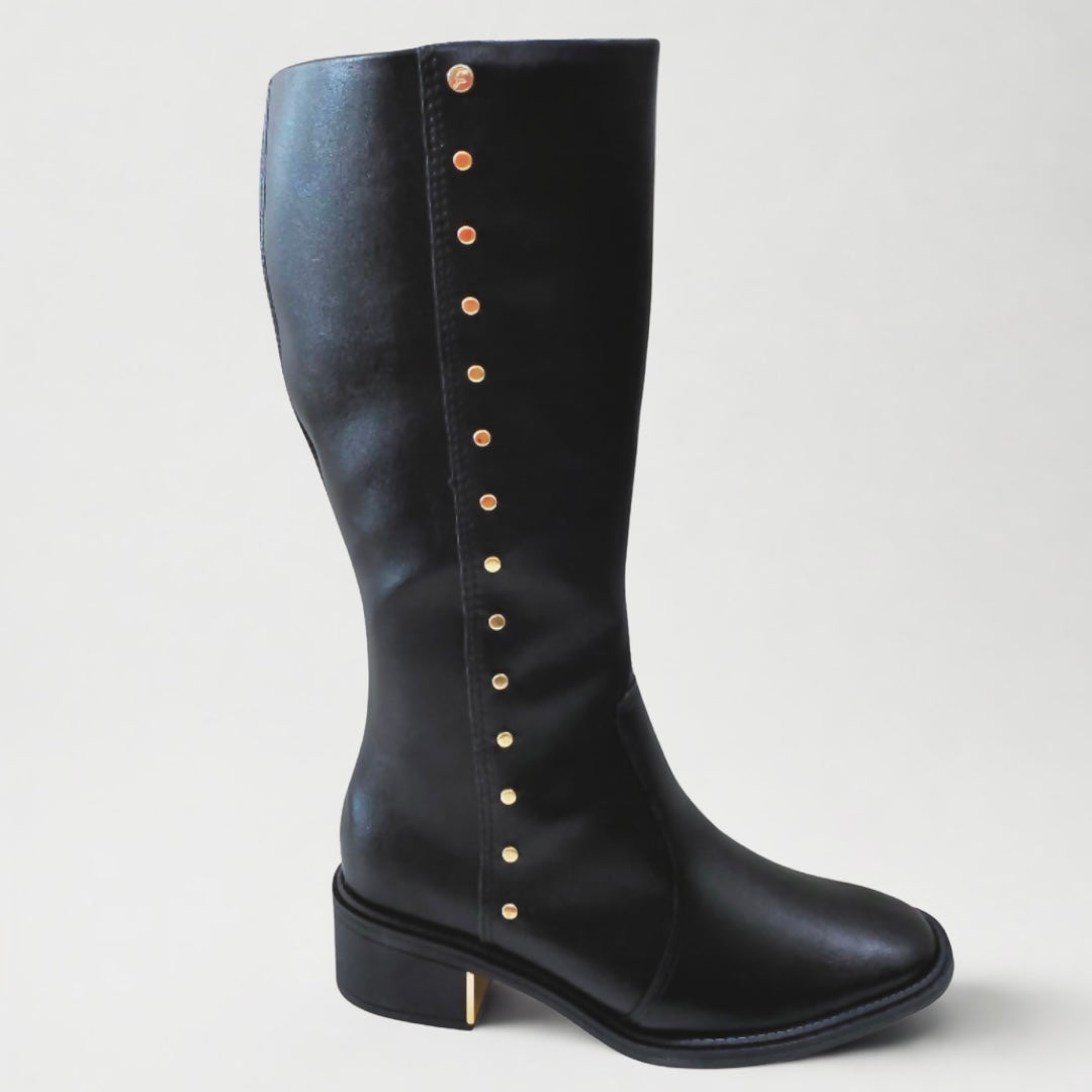 Bota Cano Longo Ramarim Preto Detalhes Dourado