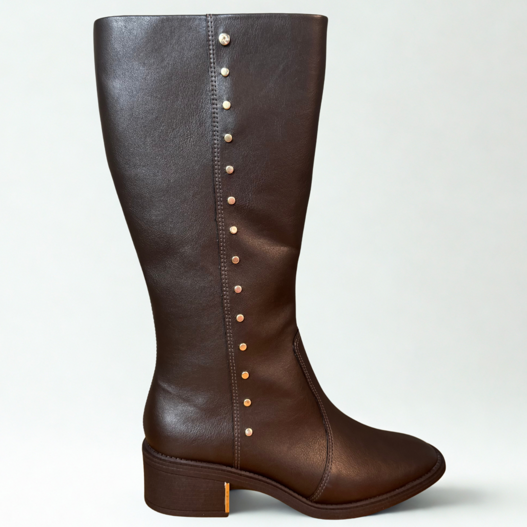 Bota Cano Longo Ramarim Marrom Detalhes Dourado