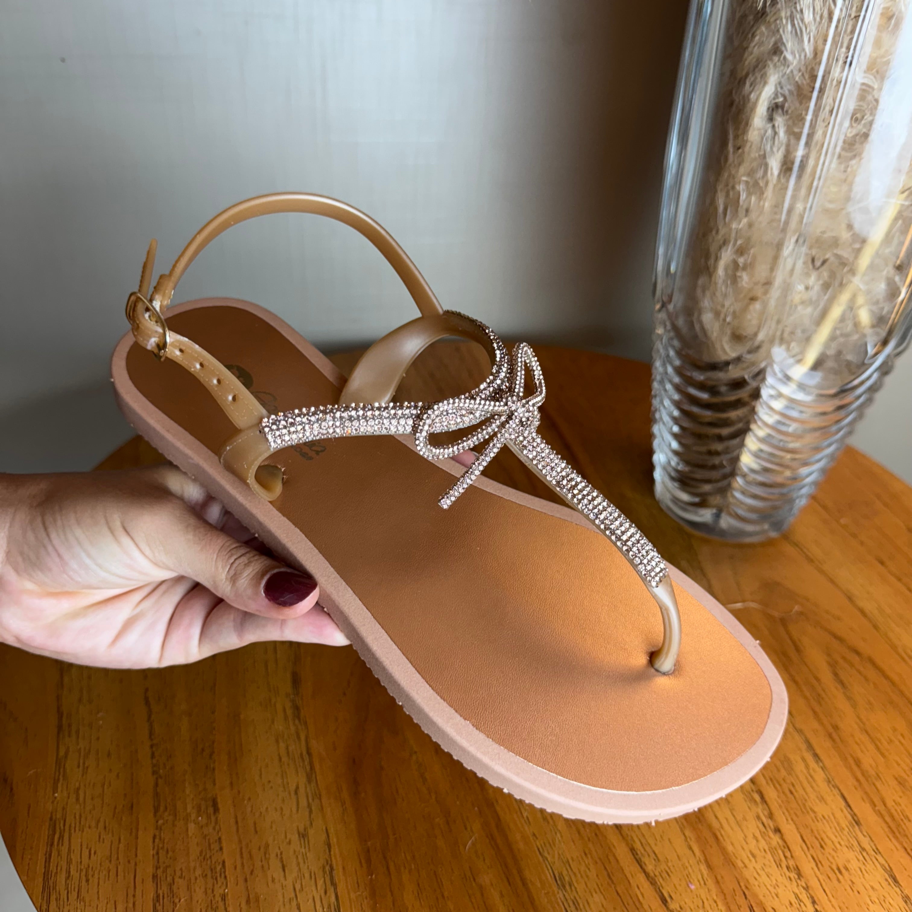 Rasteirinha Gata Mania Laço Strass Champagne