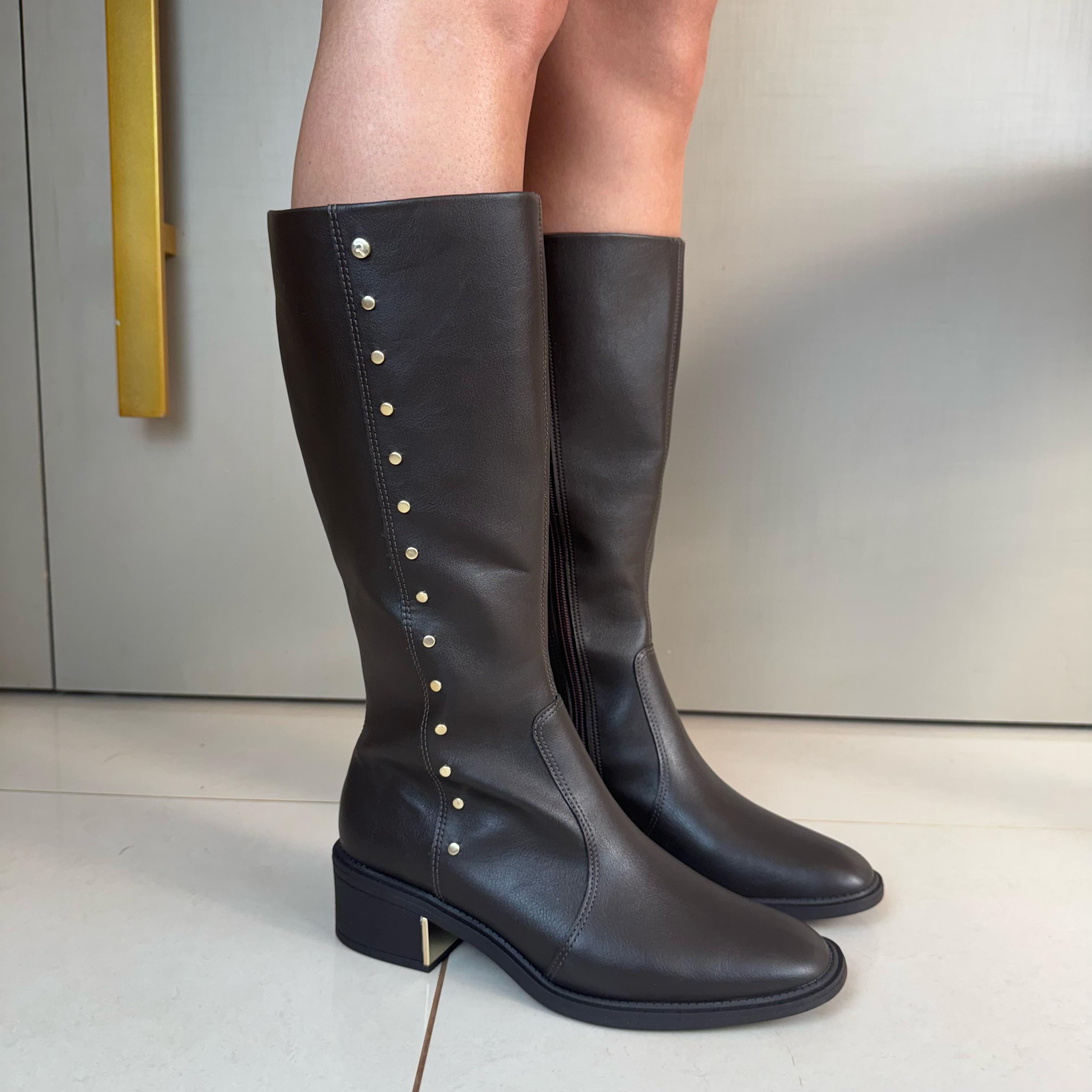 Bota Cano Longo Ramarim Marrom Detalhes Dourado