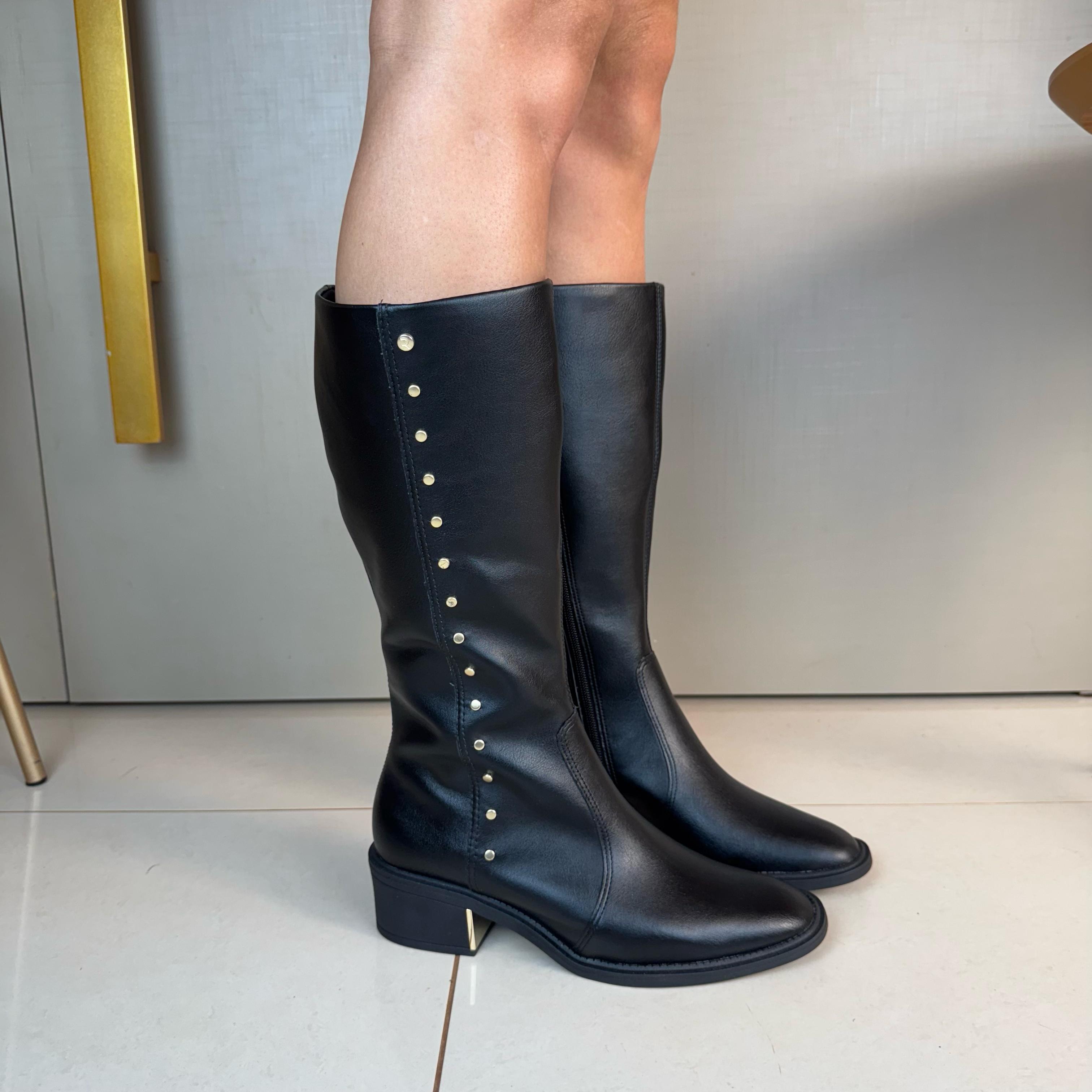 Bota Cano Longo Ramarim Preto Detalhes Dourado