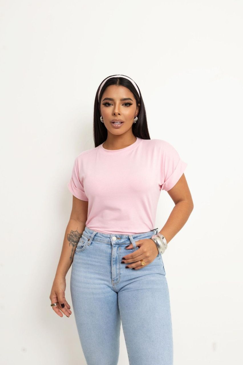 Blusa Feminina Básica Lisa Algodão Rosa Bebê