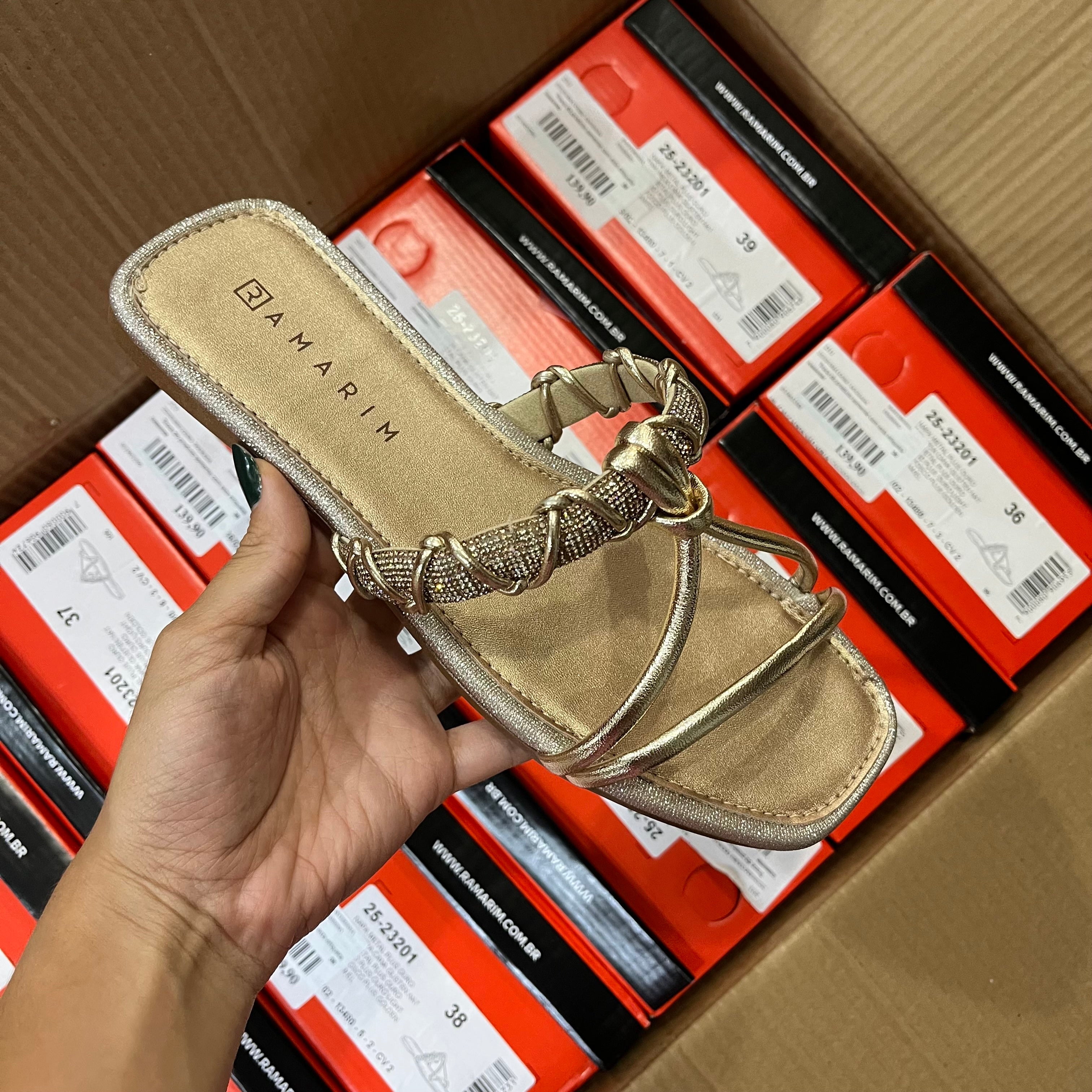 Rasteirinha Feminina Ramarim Dourada Com Prata