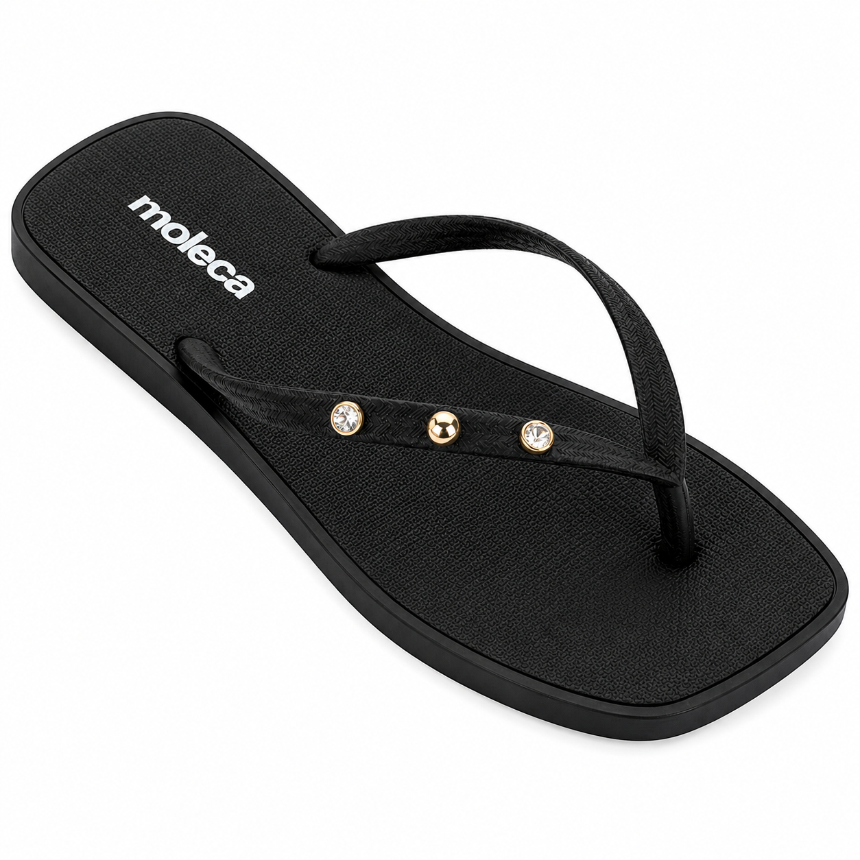 Chinelo Feminino Moleca Square com Strass e Aplique Metalizado Preto