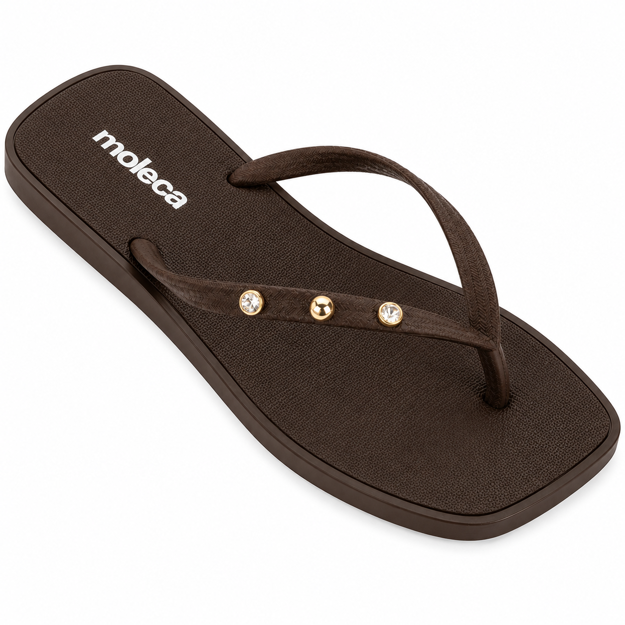 Chinelo Feminino Moleca Square com Strass e Aplique Metalizado Marrom