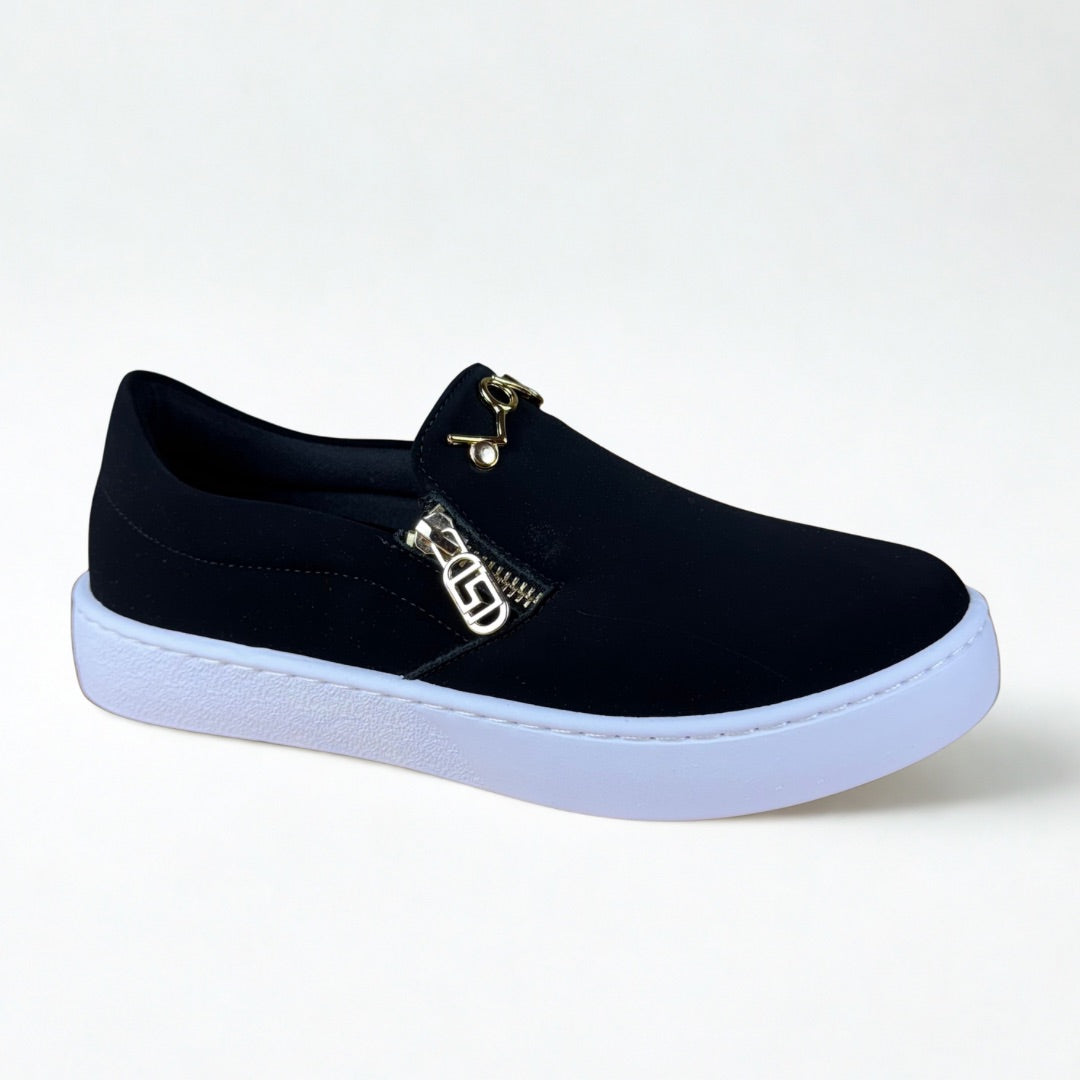 Tênis Feminino Slip On Preto Com Dourado
